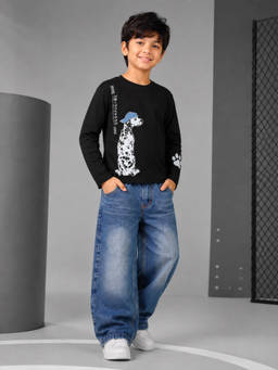 KiddoPanti - Black Cotton Graphic Mid Waist T-Shirt With Baggy Jeans