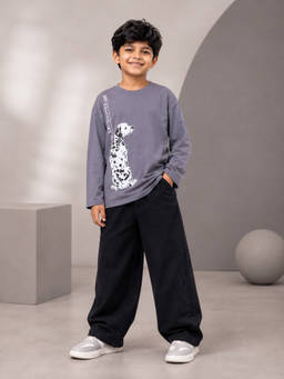 KiddoPanti - Grey Cotton Graphic Mid Waist T-Shirt With Baggy Jeans