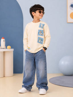 KiddoPanti - Off White Cotton Graphic Mid Waist T-Shirt With Baggy Jeans
