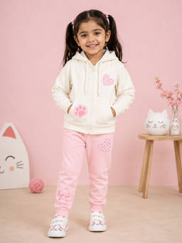 KiddoPanti - Off White Fleece Graphic Mid Waist Sweatshirt With Jogger