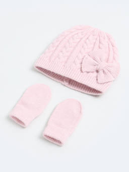 max - Pink Polyester Solid/Plain Cap With Pair Of Mittens
