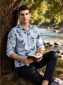 Turtle - Men Cotton Tencel Slim Fit Digital Print Blue Party Shirt