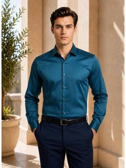 Turtle - Men Pure Cotton Slim Fit Dobby/Structure Blue Formal Shirt