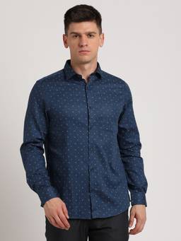 Turtle - Men Pure Cotton Slim Fit Printed Dark Navy Blue Formal Shirt