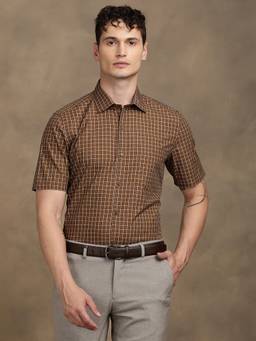 Turtle - Men Pure Cotton Slim Fit Checkered Brown Formal Shirt
