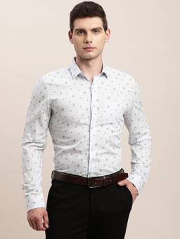 Turtle - Men Cotton Linen Slim Fit Printed Off White Formal Shirt