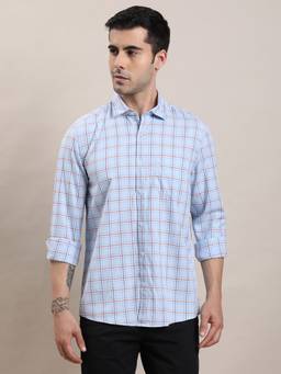 Turtle - Men Pure Cotton Slim Fit Checkered Light Blue Casual Shirt