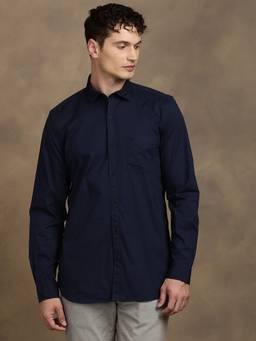 Turtle - Men Cotton Stretch Slim Fit Solid Navy Blue Casual Shirt