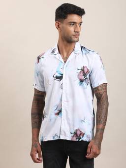 Turtle - Men 100% Rayon Slim Fit Digital Print White Casual Shirt