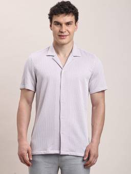 Turtle - Men Knitted Slim Fit Striped Light Mauve Casual Shirt