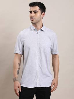 Turtle - Men 100% Viscose Slim Fit Pigment Print Light Grey Casual Shirt
