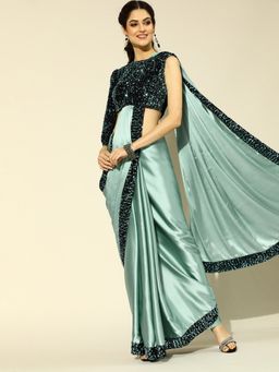 Tikhi Imli - Blue Solid Satin Saree with Unstitched Blouse