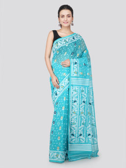 PinkLoom - Womens soft Jamdani Saree without Blouse -Turquoise