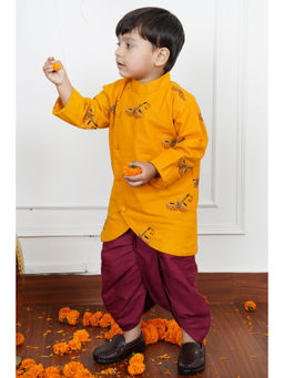 Polka Tots - Yellow Cotton Full Sleeve Angrakha Kurta & Dhoti