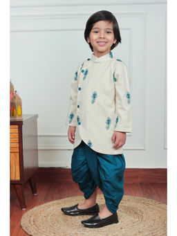 Polka Tots - Cream Cotton Full Sleeve Angrakha Kurta & Dhoti