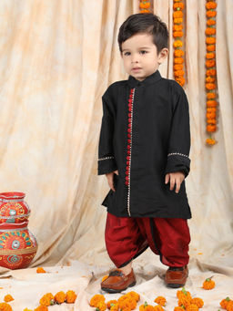 Polka Tots - Black Cotton Solid Kurta & Dhoti