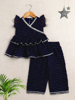 The Magic Wand - Navy Blue Leheriya Printed Ruffled Sleeves Flared Kurti & Palazzo