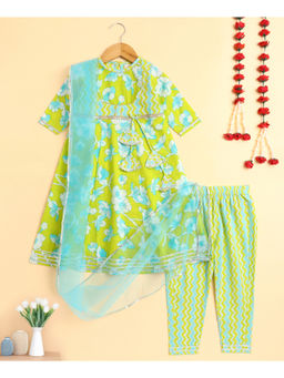 The Magic Wand - Green Cotton Floral Printed Anarkali Kurta Pant & Dupatta