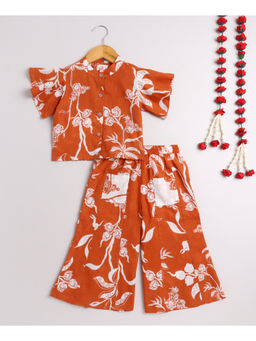 The Magic Wand - Rust Cotton Ruffled Sleeves Floral Printed Top & Palazzo