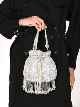Odette - Grey Embellished Potli Bag with Tassels for Women