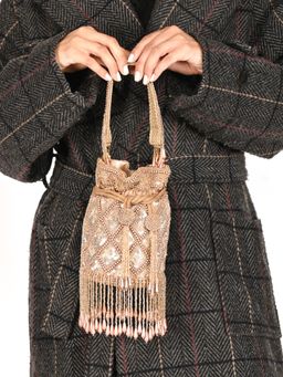 Odette - Beige Embellished Potli Bag with Tassels for Women