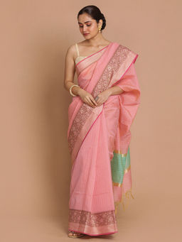 Indethnic - Banarasi Lavendar Stripes Daily Wear Saree With Unstitched Blouse