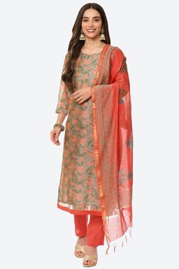 Biba - Teal Chanderi Unstitched Dress Material (Set of 3)