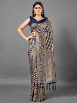 Akhilam - Womens Silk Blend Navy Blue Woven Design Designer Saree with Unstitched Blouse