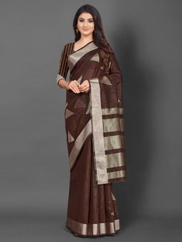 Akhilam - Women Linen Brown Woven Design Celebrity Saree with Unstitched Blouse