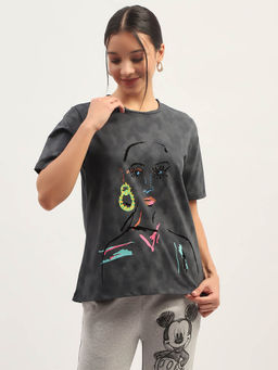 Madame - Womens Printed Charcoal Cotton T-Shirt