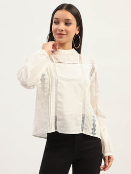 Madame - Womens Lace Detailing Self Design White Top