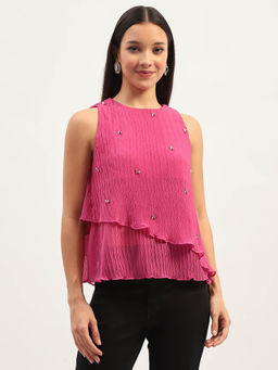 Madame - Womens Double Hem Embellished Pink Top