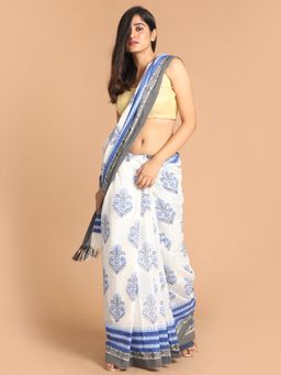 Indethnic - White Floral Pure Cotton Saree with Unstitched Blouse