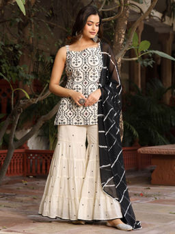 Juniper - Off-white Embroidered Pure Cotton Straight Kurta With Sharara & Dupatta Set