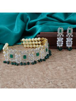 Auraa Trends - Women Rhodium Plated American Diamond Zircon Green Choker Necklace Set