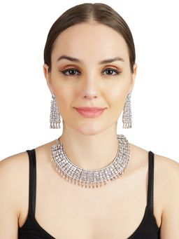 Auraa Trends - Rhodium Plated American Diamond Zircon White Necklace Set for Women
