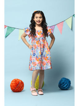 Biba - Girls Blue Printed Cotton Gathered Dress