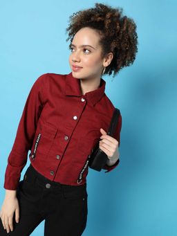 Campus Sutra - Womens Maroon Denim Cotton Jacket