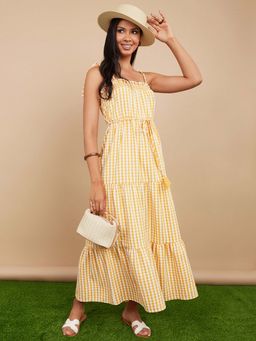 Styli - Yellow Strappy Gingham Check Tiered Maxi Dress