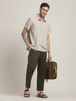 Saltpetre - Beige Semi-Spread Collar Half Sleeve Shirt and Relaxed Fit Pleated Chinos