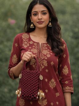 YELONA - Handmade Macrame Mobile Pouch Knit Nylon Bag With Charms - Burgundy