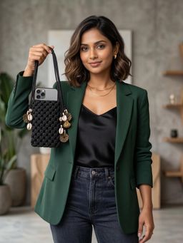 YELONA - Handmade Macrame Mobile Pouch Knit Nylon Bag With Charms - Charcoal Black