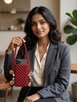 YELONA - Handmade Macrame Mobile Pouch Knit Nylon Bag With Charms - Cherry Red