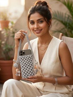 YELONA - Handmade Macrame Mobile Pouch Knit Nylon Bag With Charms - Cloud Grey