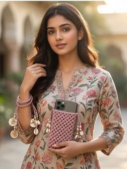 YELONA - Handmade Macrame Mobile Pouch Knit Nylon Bag With Charms - Dusty Rose Pink