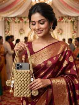 YELONA - Handmade Macrame Mobile Pouch Knit Nylon Bag With Charms - Golden