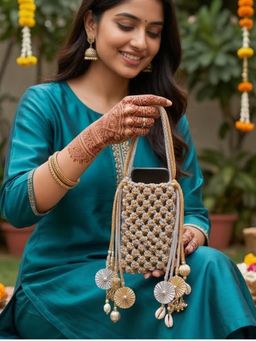 YELONA - Handmade Macrame Mobile Pouch Knit Nylon Bag With Charms - Grey and Copper