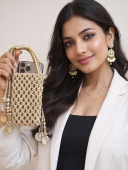 YELONA - Handmade Macrame Mobile Pouch Knit Nylon Bag With Charms - Grey and Gold