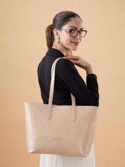Caprese - Women Aza Beige Croc Textured Tote Bag with Pouch