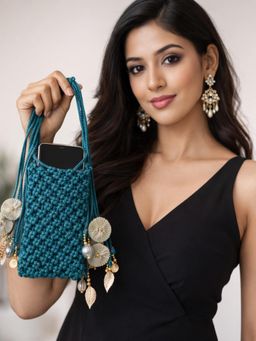 YELONA - Handmade Macrame Mobile Pouch Knit Nylon Bag With Charms - Teal